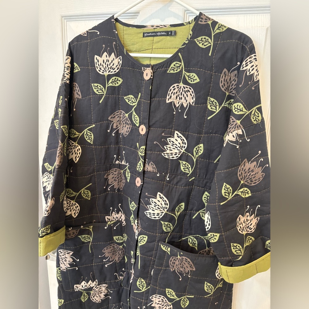 Gudrun Sjöden Black Floral Quilted Coat with Green Trim